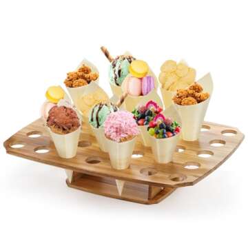 Mezchi Ice Cream Cone Holder Stand with 100pcs Wooden Cones, 35 Holes Ice Cream Stand, Charcuterie Cones for French Fry Holder, Waffle Cones, Food Display, Catering Supplies, 12"x16"