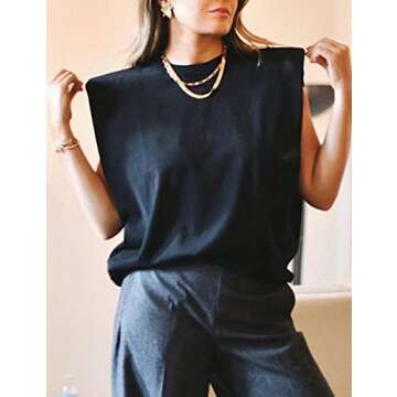 SAFRISIOR Women Loose Solid Shoulder Pads Sleeveless T-Shirt Casual Cotton Round Neck Tank Tee Top B...