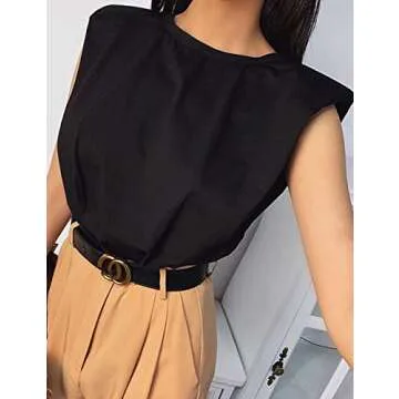 SAFRISIOR Women Loose Solid Shoulder Pads Sleeveless T-Shirt Casual Cotton Round Neck Tank Tee Top Black