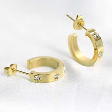 Friendship Earrings for Women Designer Cubic Zirconia Gold Stainless Steel Hoop Huggie Cuff Studs Friendship Jewelry Mothers Day Birthday Christmas Gifts… (Gold - Round Zirconia)