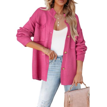 Dokotoo Fall Sweaters for Women 2024 Long Sleeve Chunky Knit Hot Pink Cardigan Sweaters Button Down ...