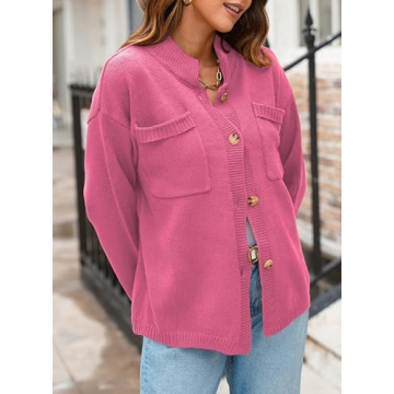 Dokotoo Fall Sweaters for Women 2024 Long Sleeve Chunky Knit Hot Pink Cardigan Sweaters Button Down Teacher Outfits Ladies Polo Winter Outfits Oversized Sweater Open Front with Pockets Medium