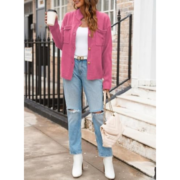 Dokotoo Fall Sweaters for Women 2024 Long Sleeve Chunky Knit Hot Pink Cardigan Sweaters Button Down Teacher Outfits Ladies Polo Winter Outfits Oversized Sweater Open Front with Pockets Medium