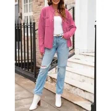 Dokotoo Fall Sweaters for Women 2024 Long Sleeve Chunky Knit Hot Pink Cardigan Sweaters Button Down Teacher Outfits Ladies Polo Winter Outfits Oversized Sweater Open Front with Pockets Medium