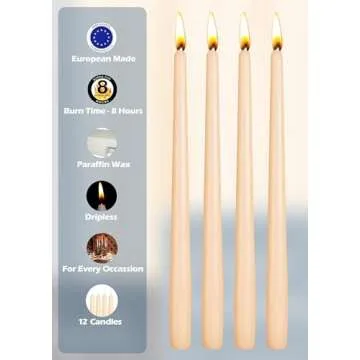 Hyoola Tall Taper Candles - 10 Inch Cream Dripless, Unscented Dinner Candle, Paraffin Wax with Cotton Wicks - 8 Hour Burn Time (Pack of 12)