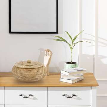 Hipiwe Round Rattan Boxes with Lid Natural Woven Storage Basket Bin Multi-Purpose Wicker Tray Weavin...