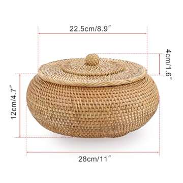 Hipiwe Round Rattan Boxes with Lid Natural Woven Storage Basket Bin Multi-Purpose Wicker Tray Weaving Decorative Shelf Basket Farmhouse Picnic Food Bread Fruit Table Storage Basket