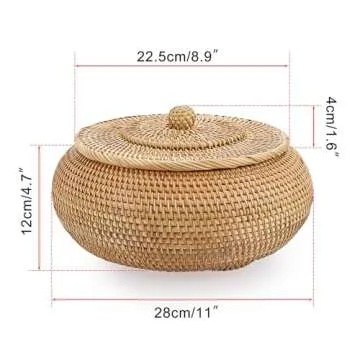 Hipiwe Round Rattan Boxes with Lid Natural Woven Storage Basket Bin Multi-Purpose Wicker Tray Weaving Decorative Shelf Basket Farmhouse Picnic Food Bread Fruit Table Storage Basket