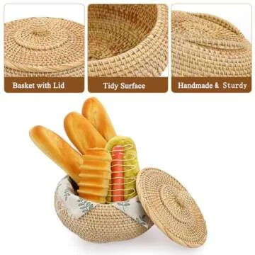 Hipiwe Round Rattan Boxes with Lid Natural Woven Storage Basket Bin Multi-Purpose Wicker Tray Weaving Decorative Shelf Basket Farmhouse Picnic Food Bread Fruit Table Storage Basket