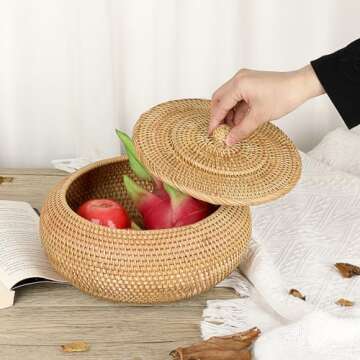 Hipiwe Round Rattan Boxes with Lid Natural Woven Storage Basket Bin Multi-Purpose Wicker Tray Weaving Decorative Shelf Basket Farmhouse Picnic Food Bread Fruit Table Storage Basket