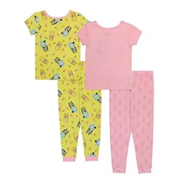 Bluey Girls' 4-Piece Cotton Snug-Fit Pajamas Set, HAPPY DAY, 4T