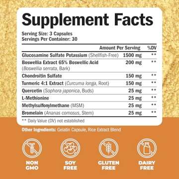 Glucosamine Chondroitin MSM and Turmeric Supplement - Joint Support Supplement for Women & Men with Boswellia & Glucosamine Sulfate 1500 mg. Used for Cartilage & Joint Health & Flexibility 90 Capsules