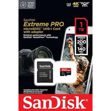 SanDisk Extreme PRO microSDXC UHS-I Memory Card 1 TB + Adapter & RescuePRO Deluxe (for Smartphones, Action Cameras or Drones, A2, Class 10, V30, U3, 200 MB/s Transfer)
