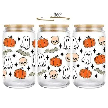 Coolife Halloween Pumpkin Ghost Skull Fall Cup - 16 oz Pumpkins Fall Mug, Iced Coffee Glass Tumbler,...