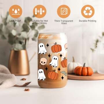 Coolife Halloween Pumpkin Ghost Skull Fall Cup - 16 oz Pumpkins Fall Mug, Iced Coffee Glass Tumbler, Spooky Glass Cups w/Lids Straws, Goth Spooky Gifts for Her, Halloween Gifts for Women Teen