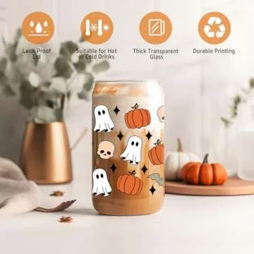 Coolife Halloween Pumpkin Ghost Skull Fall Cup - 16 oz Pumpkins Fall Mug, Iced Coffee Glass Tumbler, Spooky Glass Cups w/Lids Straws, Goth Spooky Gifts for Her, Halloween Gifts for Women Teen