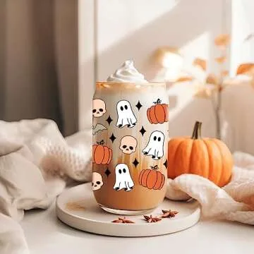 Coolife Halloween Pumpkin Ghost Skull Fall Cup - 16 oz Pumpkins Fall Mug, Iced Coffee Glass Tumbler, Spooky Glass Cups w/Lids Straws, Goth Spooky Gifts for Her, Halloween Gifts for Women Teen