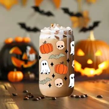 Coolife Halloween Pumpkin Ghost Skull Fall Cup - 16 oz Pumpkins Fall Mug, Iced Coffee Glass Tumbler, Spooky Glass Cups w/Lids Straws, Goth Spooky Gifts for Her, Halloween Gifts for Women Teen