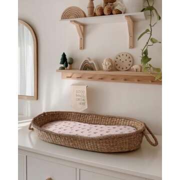 Blissful Diary Muslin Bassinet Sheet for Baby Girl and Boy, Ultra Soft Bedside Bassinet Sheets Fitted for Oval, Rectangle and Hourglass Mattress Pad, 2 Pack (Rainbow&Cedar)