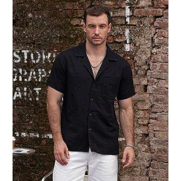 VATPAVE Mens Striped Summer Shirt Casual Button Down Short Sleeve Beach Shirts Cotton Linen Shirts f...