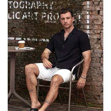 VATPAVE Mens Striped Summer Shirt Casual Button Down Short Sleeve Beach Shirts Cotton Linen Shirts for Men Medium Pure Black