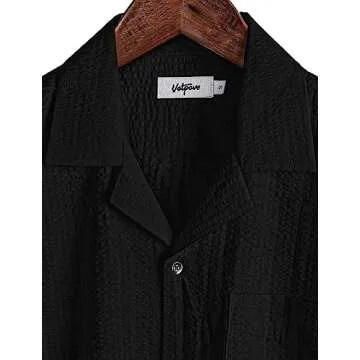 VATPAVE Mens Striped Summer Shirt Casual Button Down Short Sleeve Beach Shirts Cotton Linen Shirts for Men Medium Pure Black