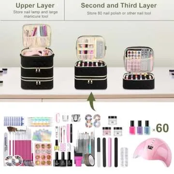 Yokilly Nail Polish Organizer Case, Three Layer Nail Organizers and Storage Hold 60 Bottles & Nail Lamp, Nail Bag Organizer Case Nail Supplies Oraganizer with Detachable Layer & Shoulder Strap