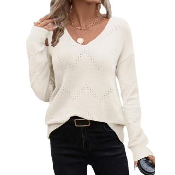 Zeagoo Sweaters for Women Cute Elegant Soft V-Neck Long Sleeve Knit Casual Pullover Sweater Tops Bei...