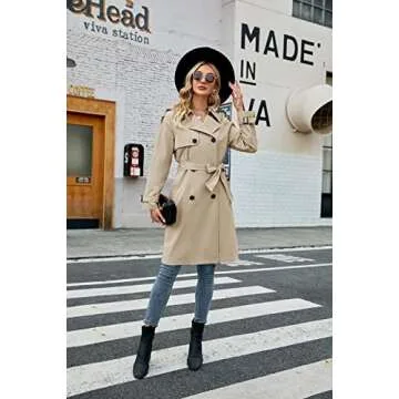 Makkrom Women's Double Breasted Long Trench Coat Windproof Classic Lapel Slim Overcoat with Belt