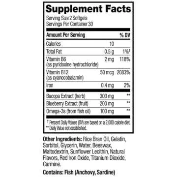 OLLY Ultra Strength Brain Softgels, Nootropic, Supports Healthy Brain Function, Memory, Focus and Concentration, Omega-3s, Vitamins B6 and B12, 30 Day Supply - 60 Count