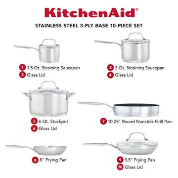 KitchenAid 3-Ply Base Stainless Steel Cookware Set - 10 Piece Set for Culinary Excellence