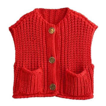 Hixiaohe Womens Crochet Chunky Knit Top Sleeveless Button Down Crop Tops Trendy Cardigan Sweater Ves...