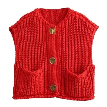 Hixiaohe Womens Crochet Chunky Knit Top Sleeveless Button Down Crop Tops Trendy Cardigan Sweater Ves...