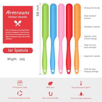 Armrouns 5pcs Silicone Jar Spatulas set, Cake Cream Spatulas Set, 9.8 inch Non-Stick Heat Resistant Mixing Butter Spatulas Baking Scrapers for Jars Blenders Cooking Stirring