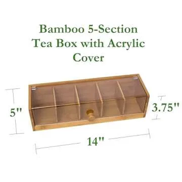 Lipper International 8187 Bamboo Wood and Acrylic Tea Box with 5 Sections, 14" x 5" x 3-3/4"