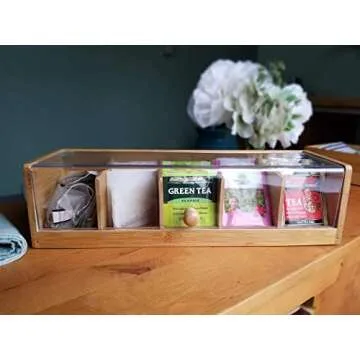 Lipper International 8187 Bamboo Wood and Acrylic Tea Box with 5 Sections, 14" x 5" x 3-3/4"