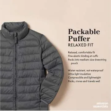 Amazon Essentials Boys' Lightweight Water-Resistant Packable Puffer Jacket, Navy, Small