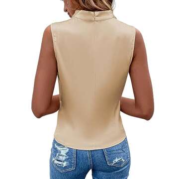 Vrtige Women's Satin Silky Mock Neck Ruched Front Sleeveless Tank Top Shirt Blouse Beige Small