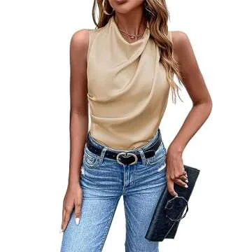 Vrtige Satin Silky Mock Neck Tank Top in Beige