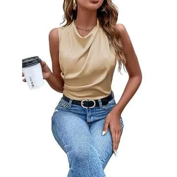 Vrtige Satin Silky Mock Neck Tank Top in Beige