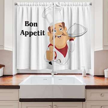 Lunarable Chef Kitchen Curtains, Simple Cartoon Smiling Cook with French Message of Bon Appetit in C...