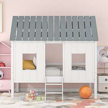GLORHOME Twin Size Low Loft Bed House Bedframe with Roof and 2 Windows,Wood Slat Support, Fun Bedroom Furniture for Kids, White