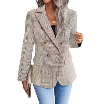 Tan Blazer Jacket for Women in Plaid Checkered Style