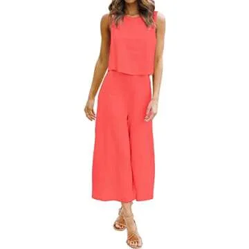 ROYLAMP Women's Summer 2 Piece Outfits Round Neck Crop Basic Top Cropped Wide Leg Pants Set Jumpsuit...