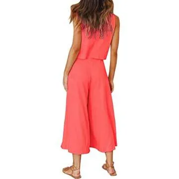 ROYLAMP Women's Summer 2 Piece Outfits Round Neck Crop Basic Top Cropped Wide Leg Pants Set Jumpsuits Bright Orange M
