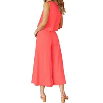 ROYLAMP Women's Summer 2 Piece Outfits Round Neck Crop Basic Top Cropped Wide Leg Pants Set Jumpsuits Bright Orange M