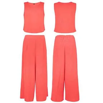 ROYLAMP Women's Summer 2 Piece Outfits Round Neck Crop Basic Top Cropped Wide Leg Pants Set Jumpsuits Bright Orange M
