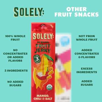 SOLELY - Organic Spicy Mango Chili and Salt Fruit Jerky - 12 Individually Wrapped Fruit Strips - Fruit Leather Made from Dried Fruit - Healthy Snacks for Adults & Kids - Vegan, Non GMO - 0.8oz (23g)