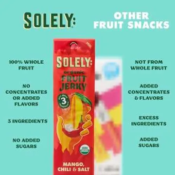 SOLELY - Organic Spicy Mango Chili and Salt Fruit Jerky - 12 Individually Wrapped Fruit Strips - Fruit Leather Made from Dried Fruit - Healthy Snacks for Adults & Kids - Vegan, Non GMO - 0.8oz (23g)