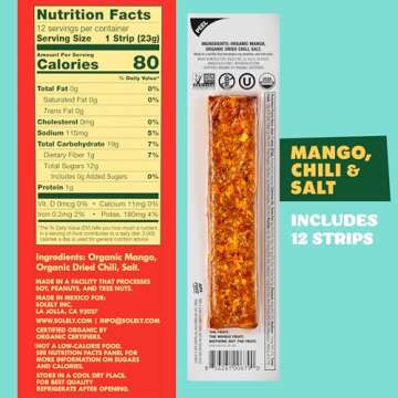 SOLELY - Organic Spicy Mango Chili and Salt Fruit Jerky - 12 Individually Wrapped Fruit Strips - Fruit Leather Made from Dried Fruit - Healthy Snacks for Adults & Kids - Vegan, Non GMO - 0.8oz (23g)